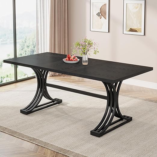 63-Inch Rectangular Dining Table for 4-6 People with Metal Trestle Legs