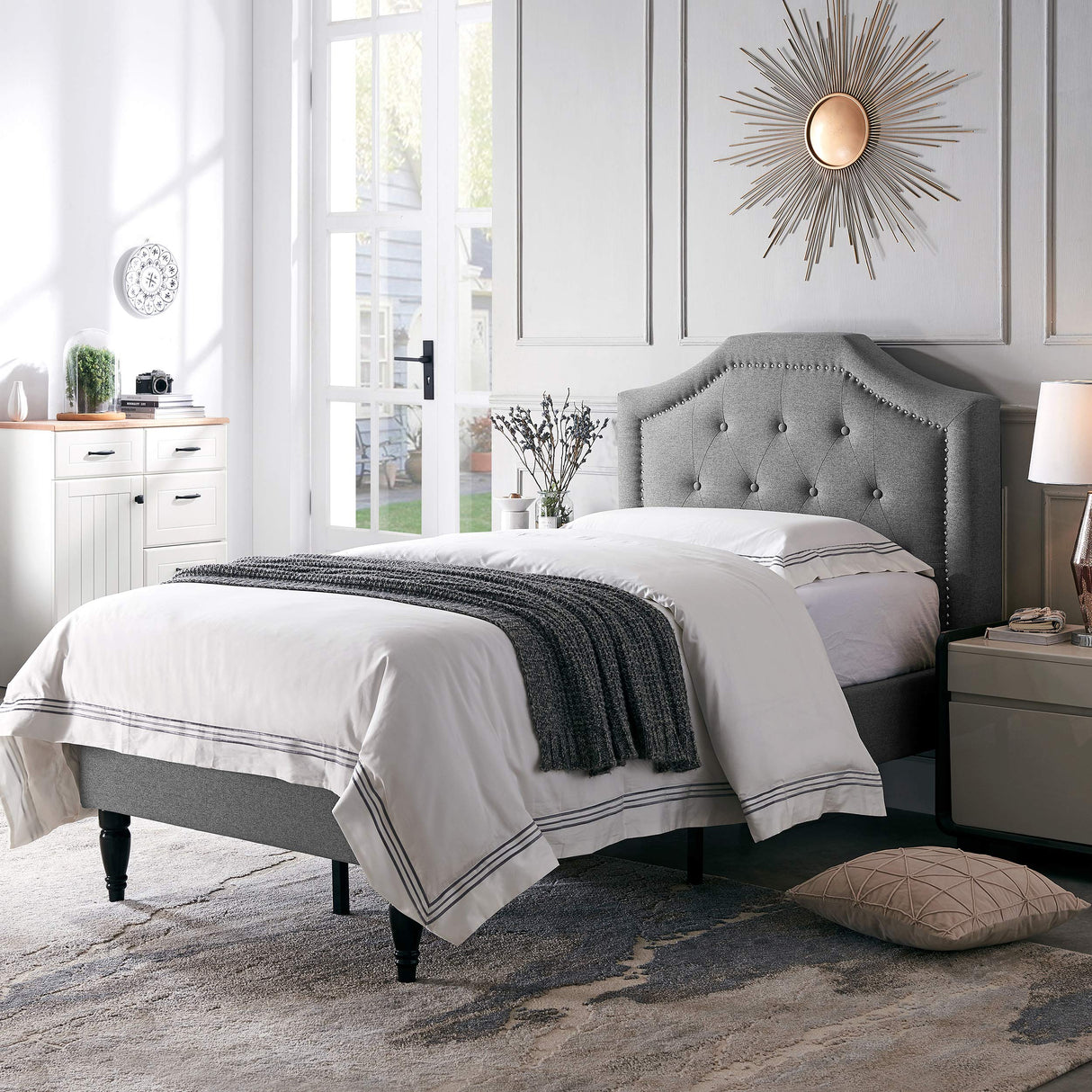 Xenia Twin Bed Platform, Charcoal Gray, Black