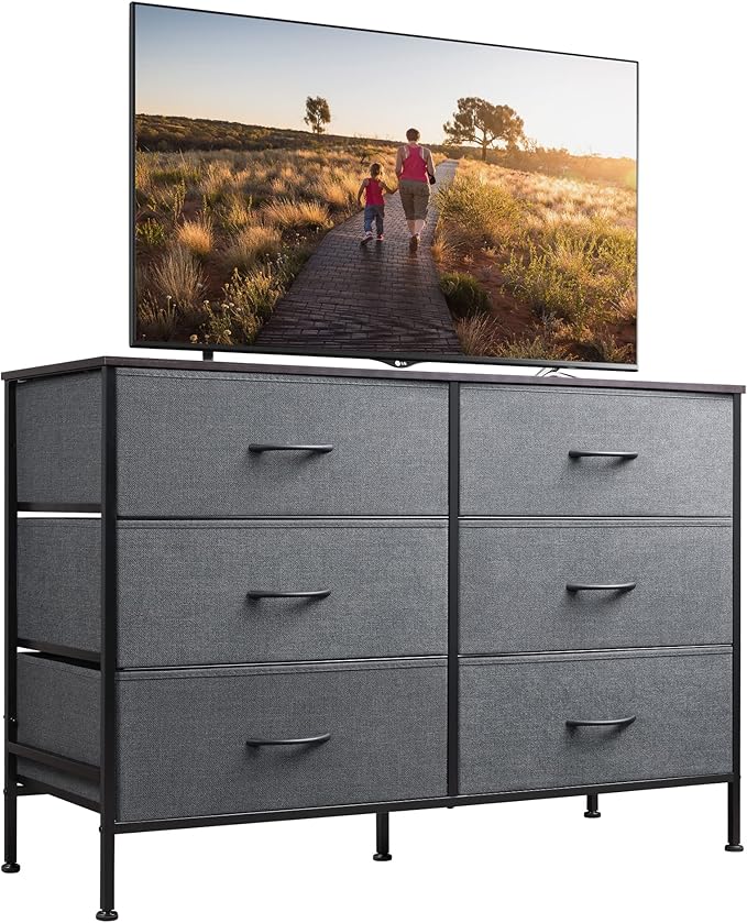 Wide Fabric Dresser, 6 Drawer Dresser TV Stand for 60" TV, Dressers Bedroom Furniture