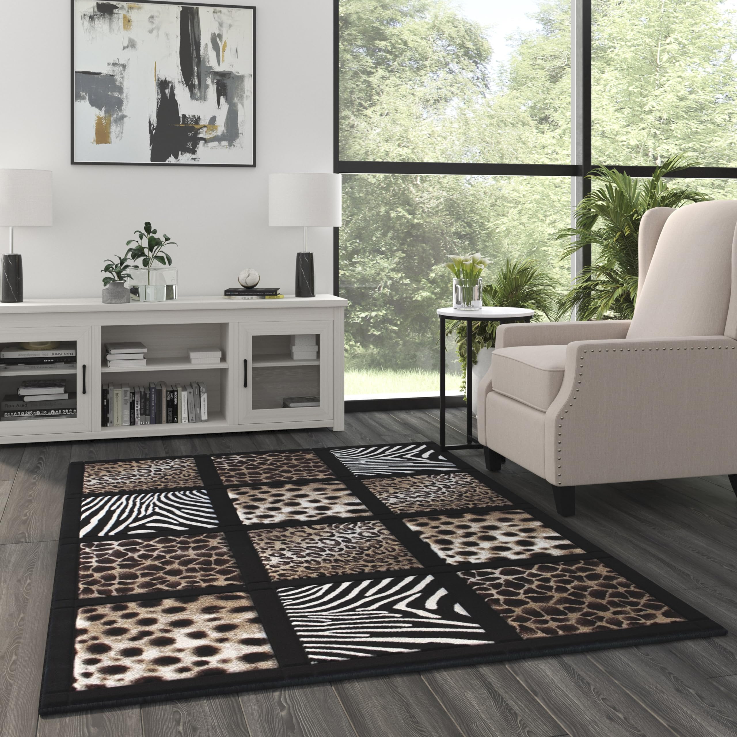 5' x 7' Modern Animal Print Olefin Area Rug with Cheetah, Leopard
