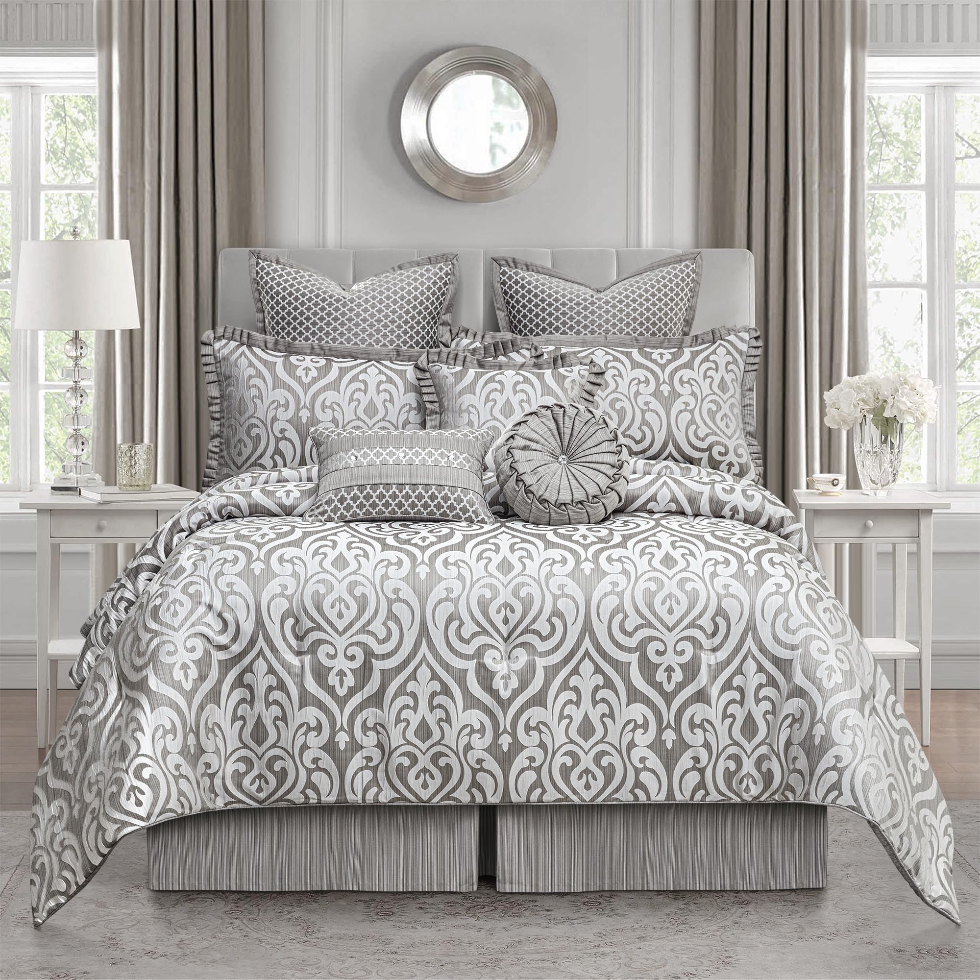 9-Piece Jacquard Damask Comforter Set - Queen Size Silver Gray