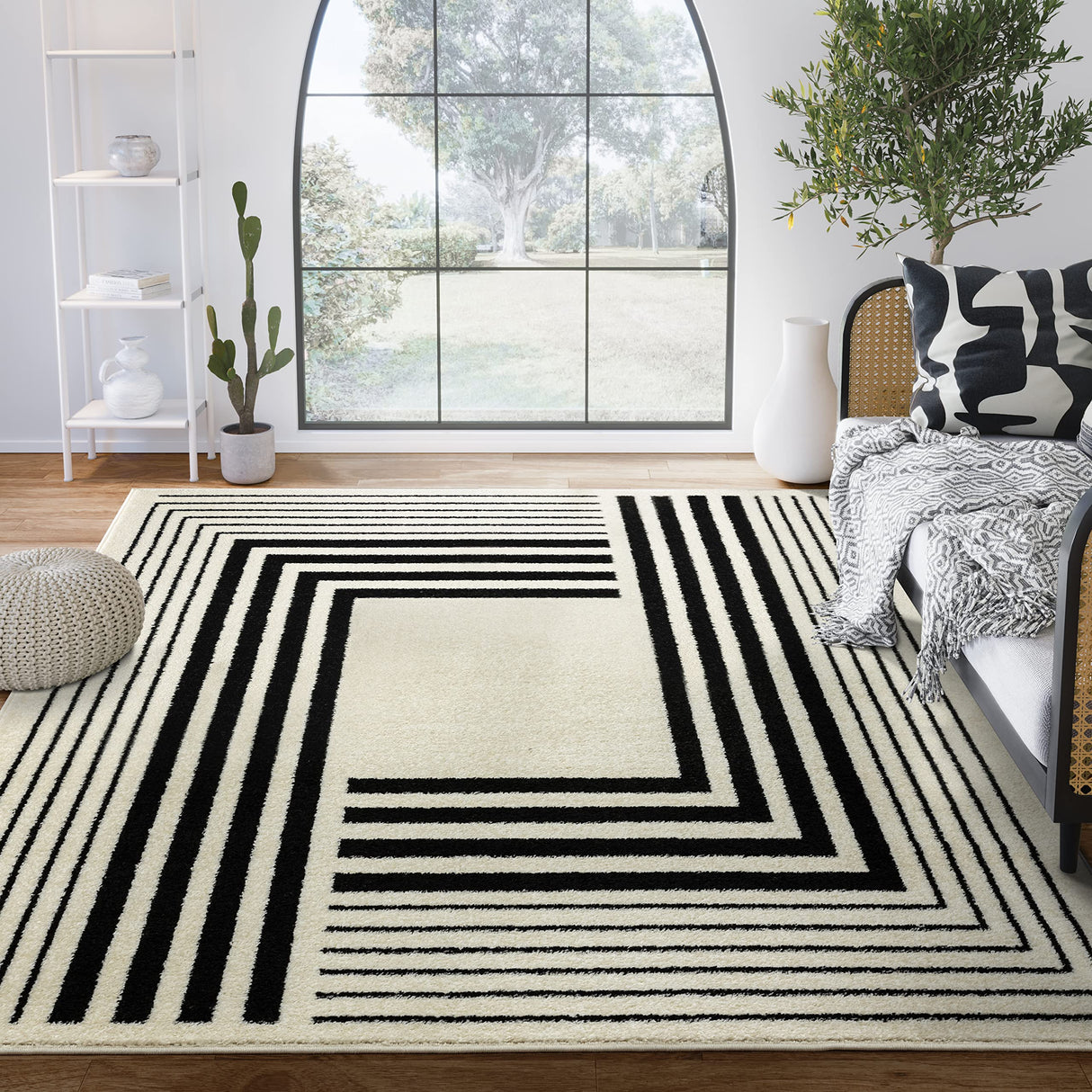 Geometric Beige/Black Area Rug - 8'x10' - Modern 3D Lines Design - Deco Collection