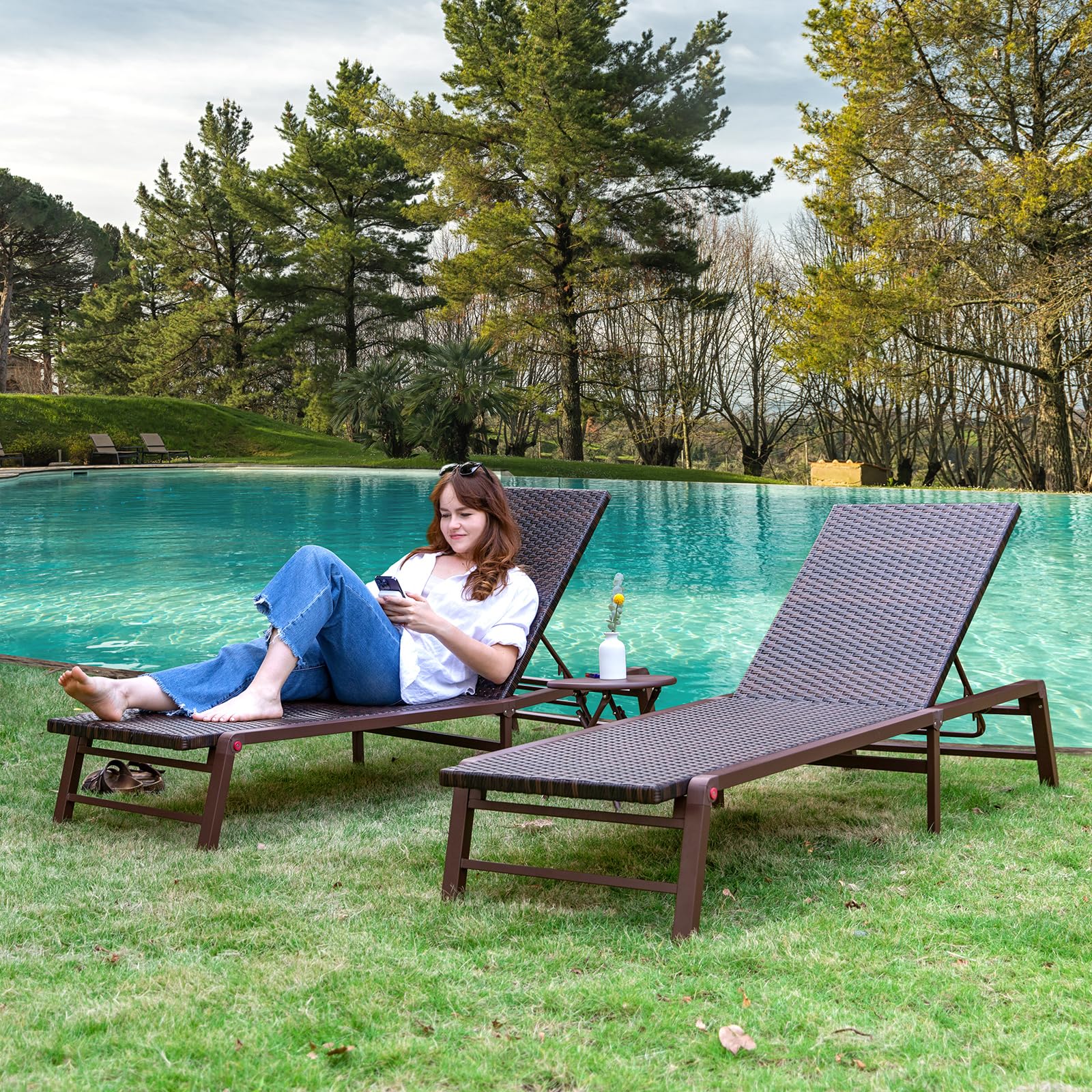 Outdoor Chaise Lounge Set of 2, Assemble-Free Aluminum Lounge Chairs