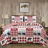 2 Piece Reversible Quilt Set with Sham | Twin Cabin Comforter Set | Rustic Bear