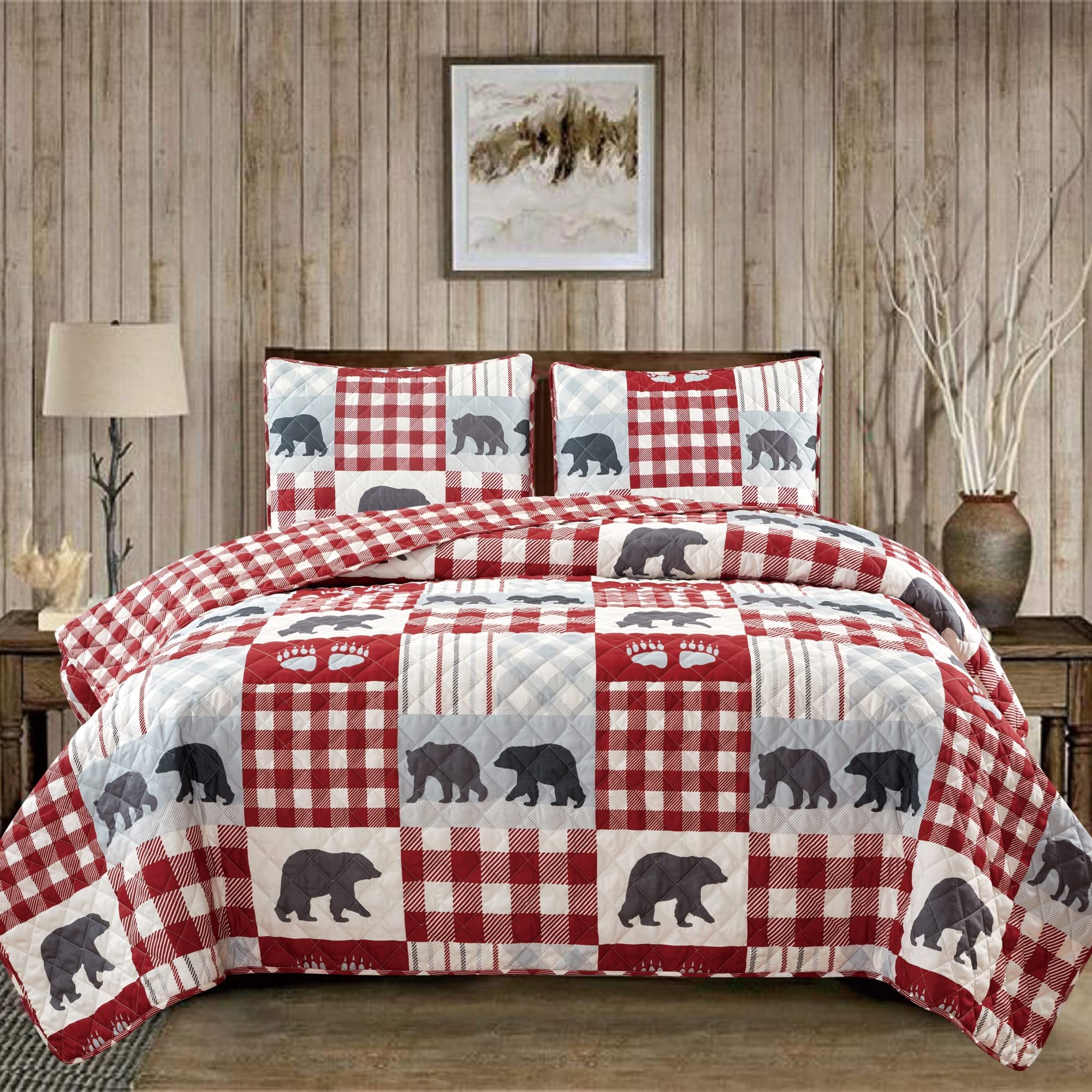 3 Piece Reversible Quilt Set with Sham | Queen Cabin Comforter Set | Rustic Bear Buffalo
