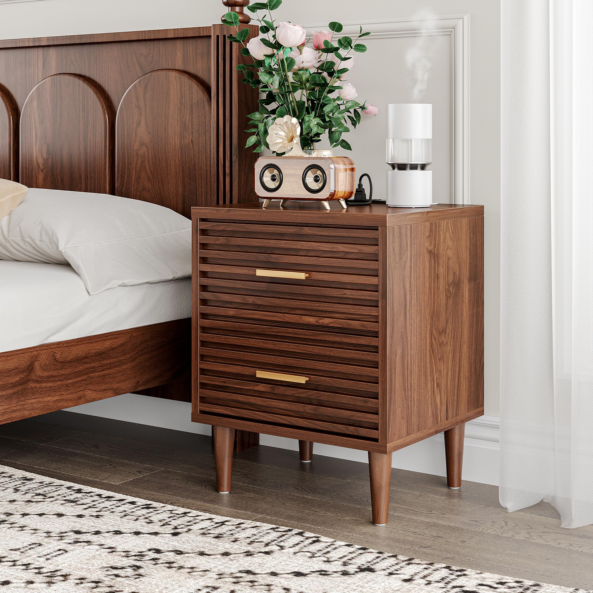 Night Stands with Charging Station, Mid Century Modern Nightstand, Fluted Bedside