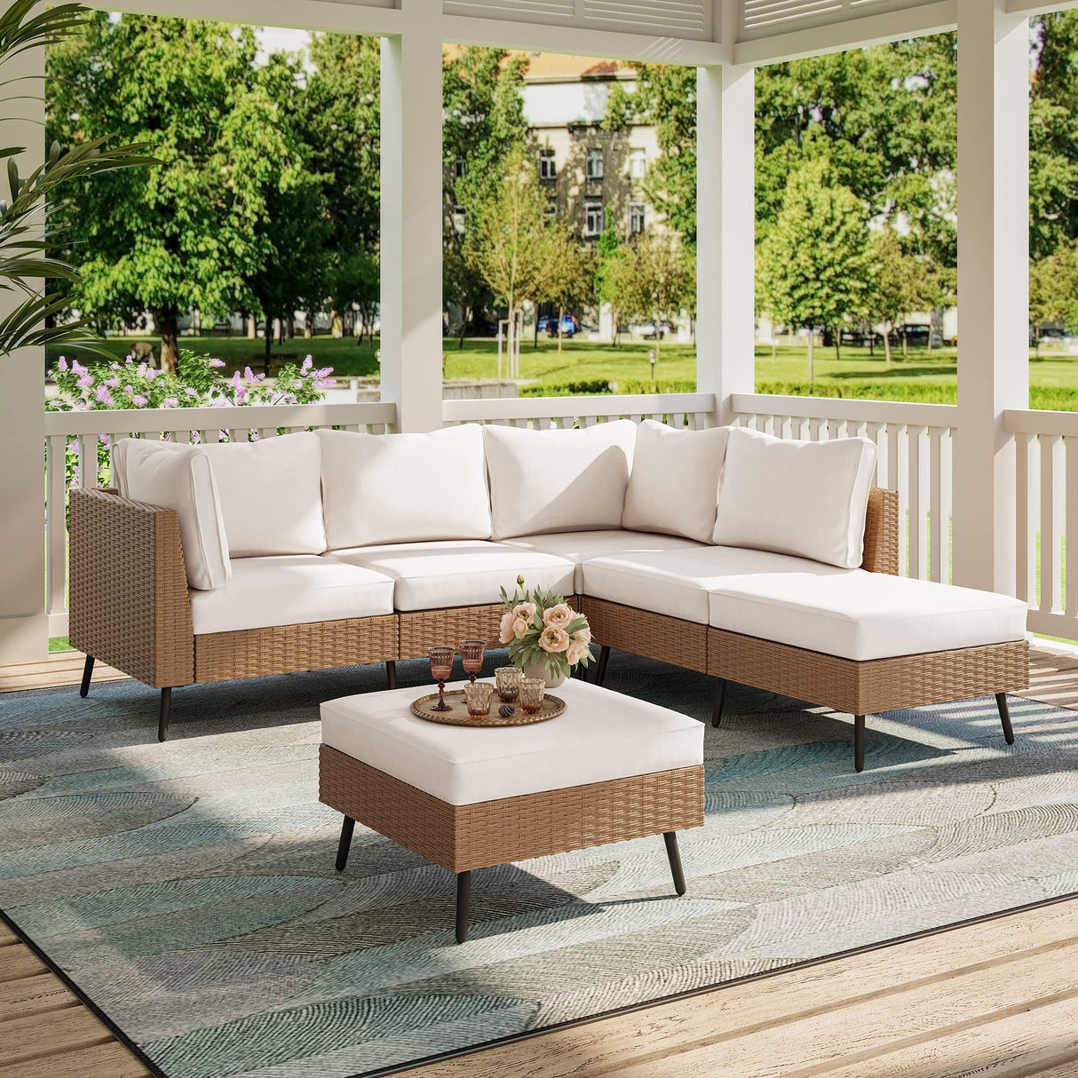 Outdoor Patio Furniture, 6 Piece Outdoor Sectional Sofa ,Backyard(Beige)