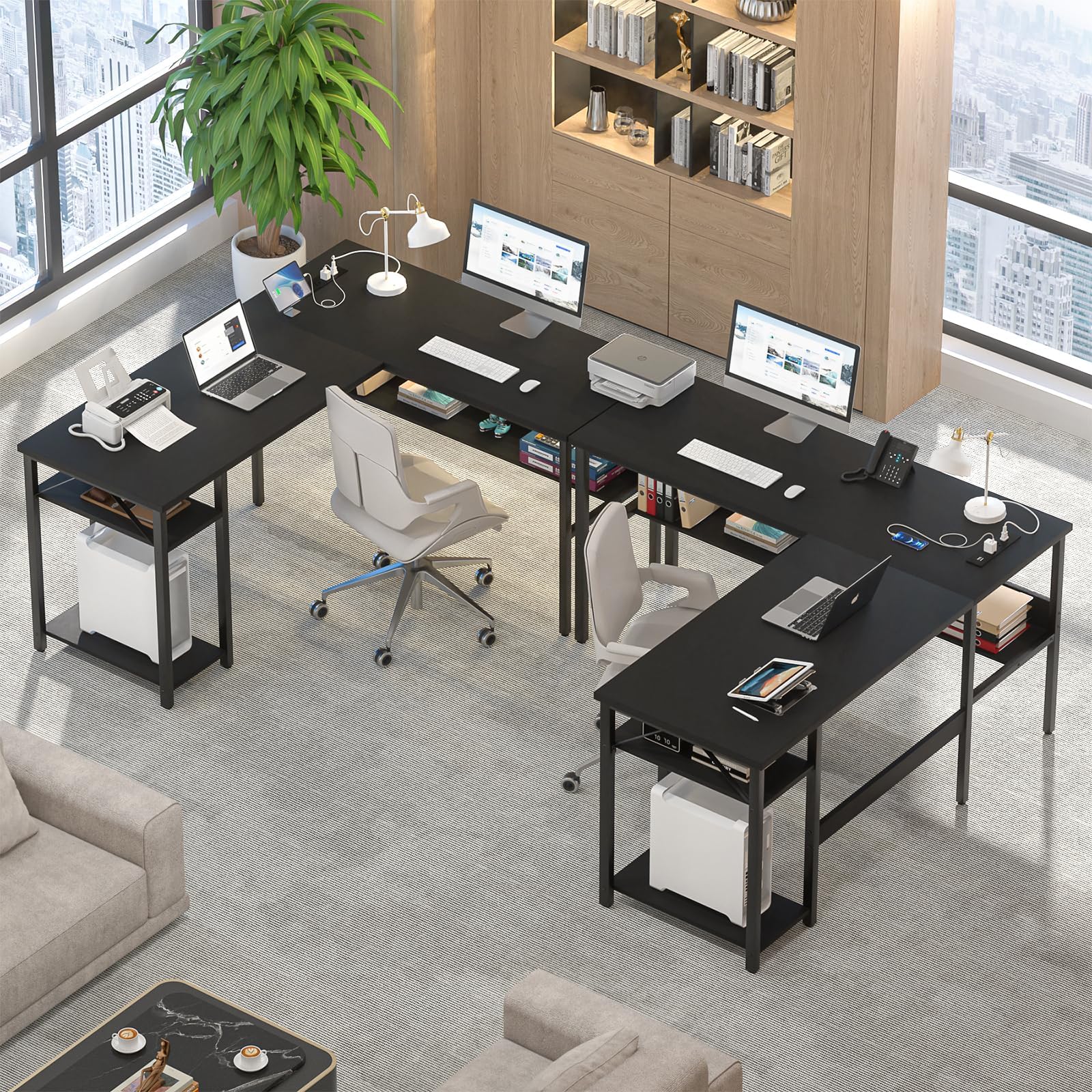 Reversible L Shaped Computer Desk with Power Outlets and USB Charging Ports