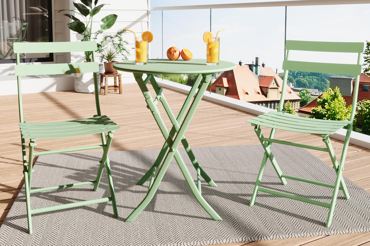 3-Piece Patio Bistro Sets, Outdoor Space-Saving Folding Bistro Table and Chairs, Patio Furniture Set with Strong Round Tube Metal Frame, Weather Resistant Conversation Set for Yard Garden, Green