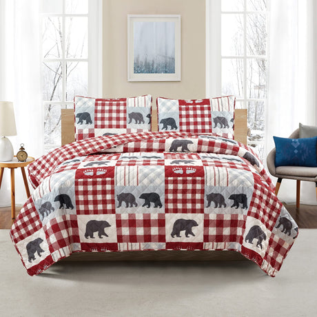 3 Piece Reversible Quilt Set with Sham | Queen Cabin Comforter Set | Rustic Bear Buffalo