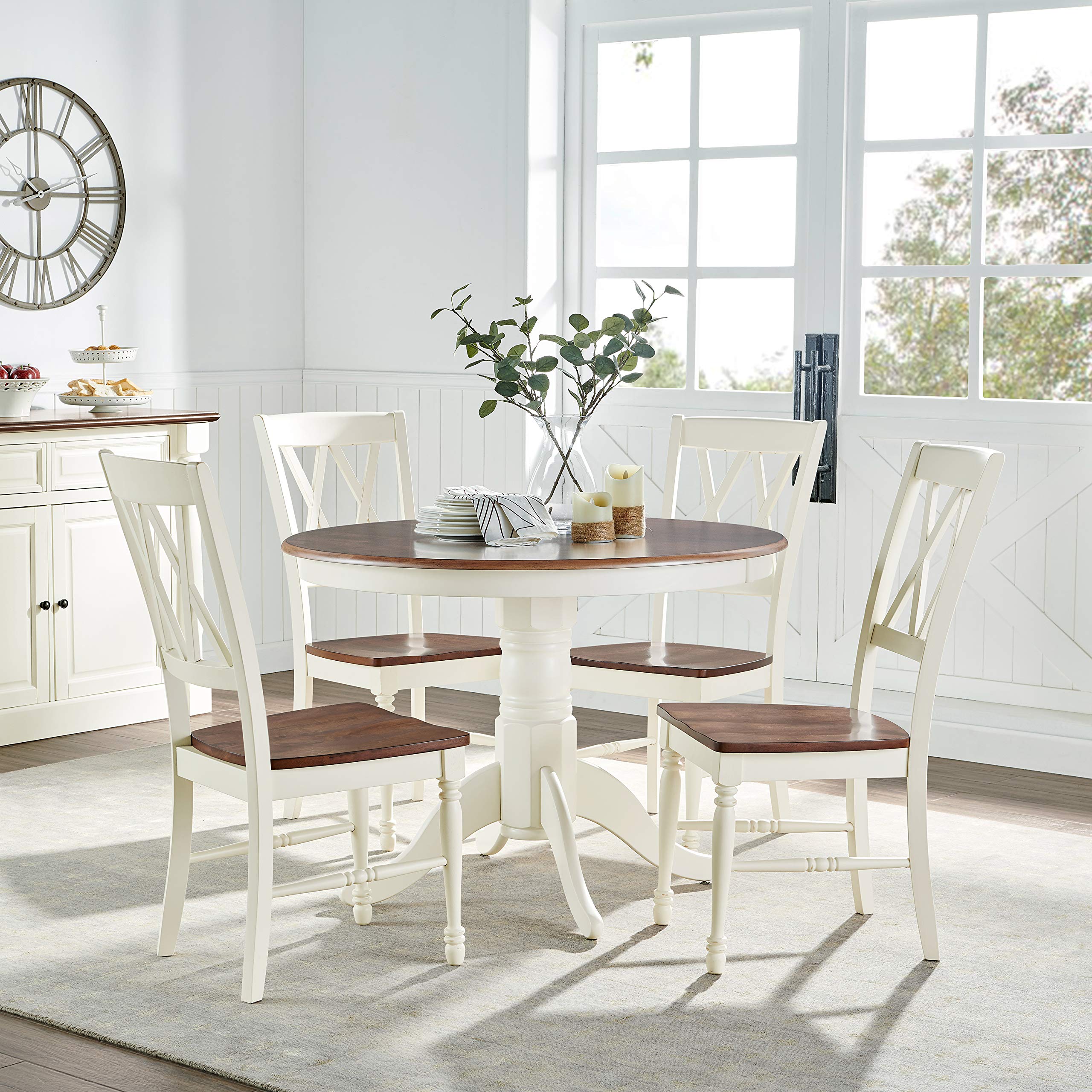 5-Piece Traditional Round Dining Table Set for 4, Distressed White