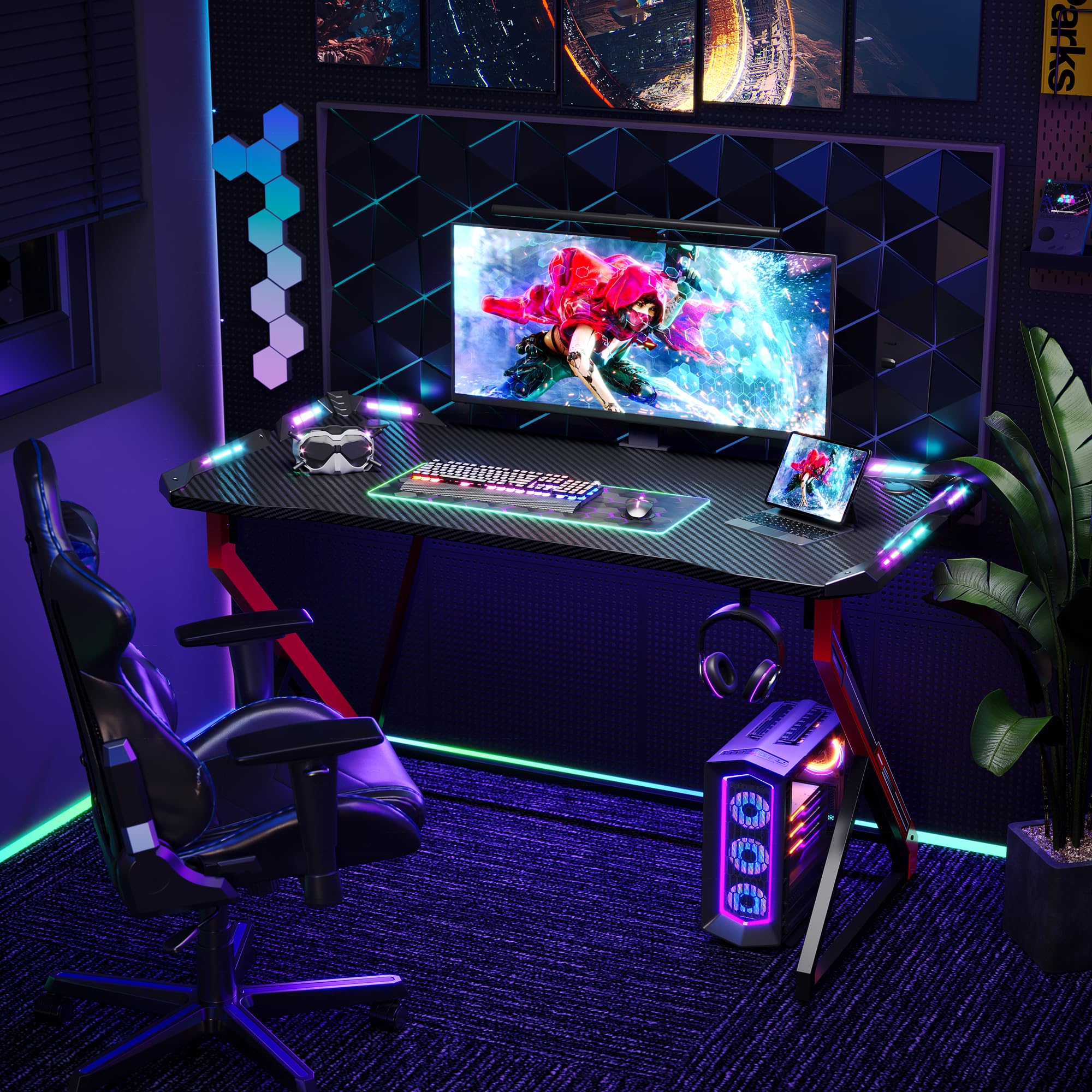 Gaming Desk with LED Lights, 40 Inch Computer Desk Z Shaped Gamer Workstation