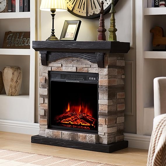 Electric Fireplace with Mantel, 40”W Faux-Stone Fireplace Mantel