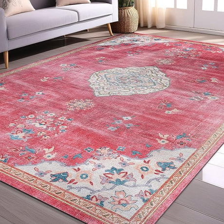 Non Slip Rugs 8x10 Boho Medallion Floral Non Skid Rubber Backing Easy Silk Soft