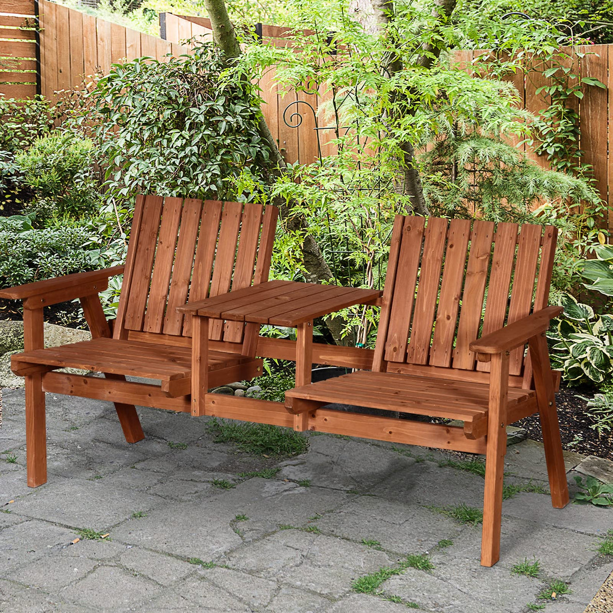 Bench, Garden Bench with Middle Table and Umbrella Hole, Wooden Outdoor Bench