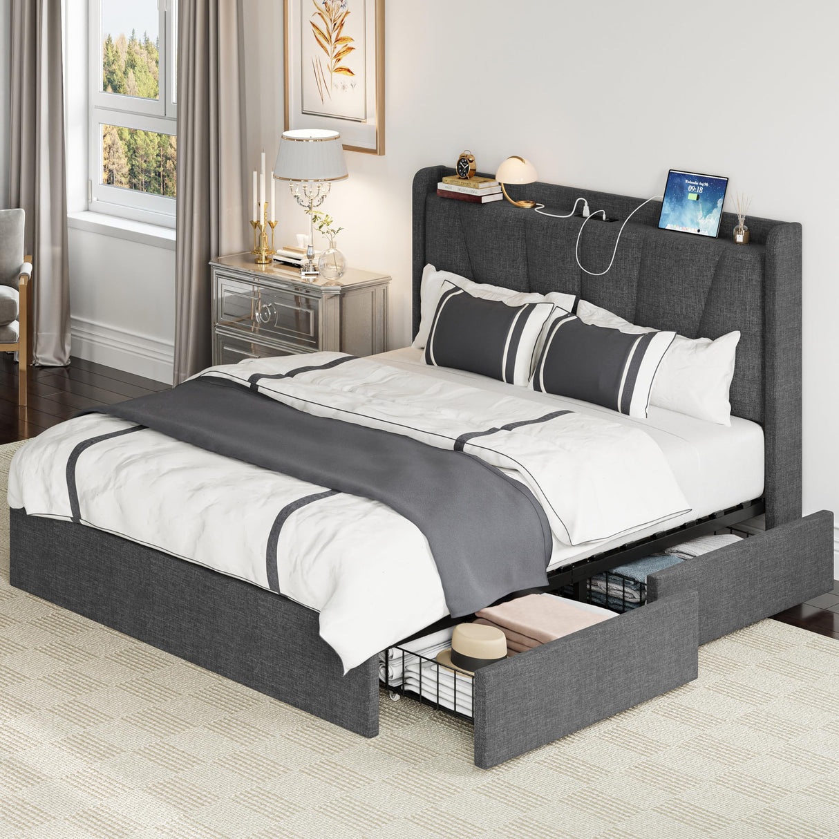 LIKIMIO Queen Bed Frame with Upholstered Headboard, Platform Bed with Storage Drawers and Outlets, Sturdy, Noiseless, No Box Spring Needed, Easy Assembly, Dark Gray