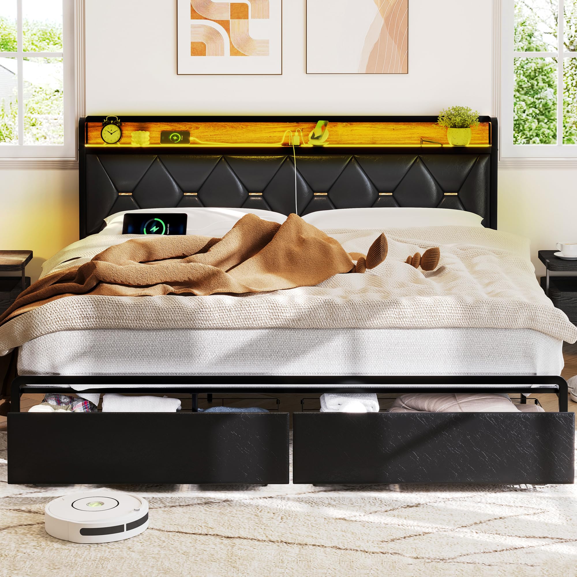 King Size Bed Frame with Headboard and Storage Drawers