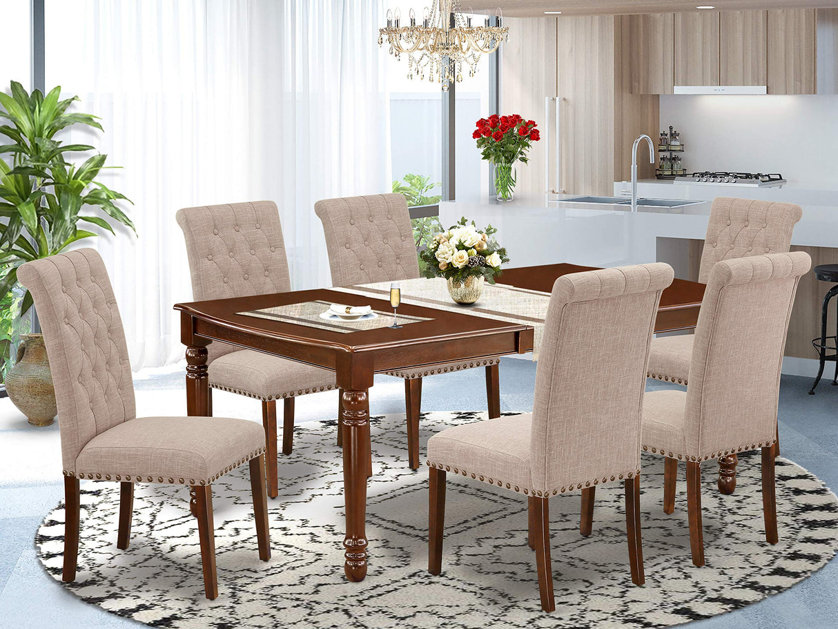 East West Furniture Dover 7 Piece Kitchen Set Consist of a Rectangle Table with Butterfly Leaf and 6 Light Tan Linen Fabric Parson Dining Chairs, 42x78 Inch, Mahogany