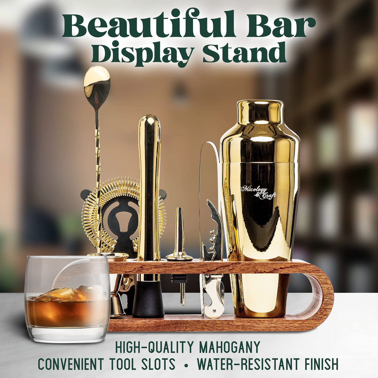 10-Piece Bar Tool Set with Mahogany Stand | Perfect Home Bartending Kit