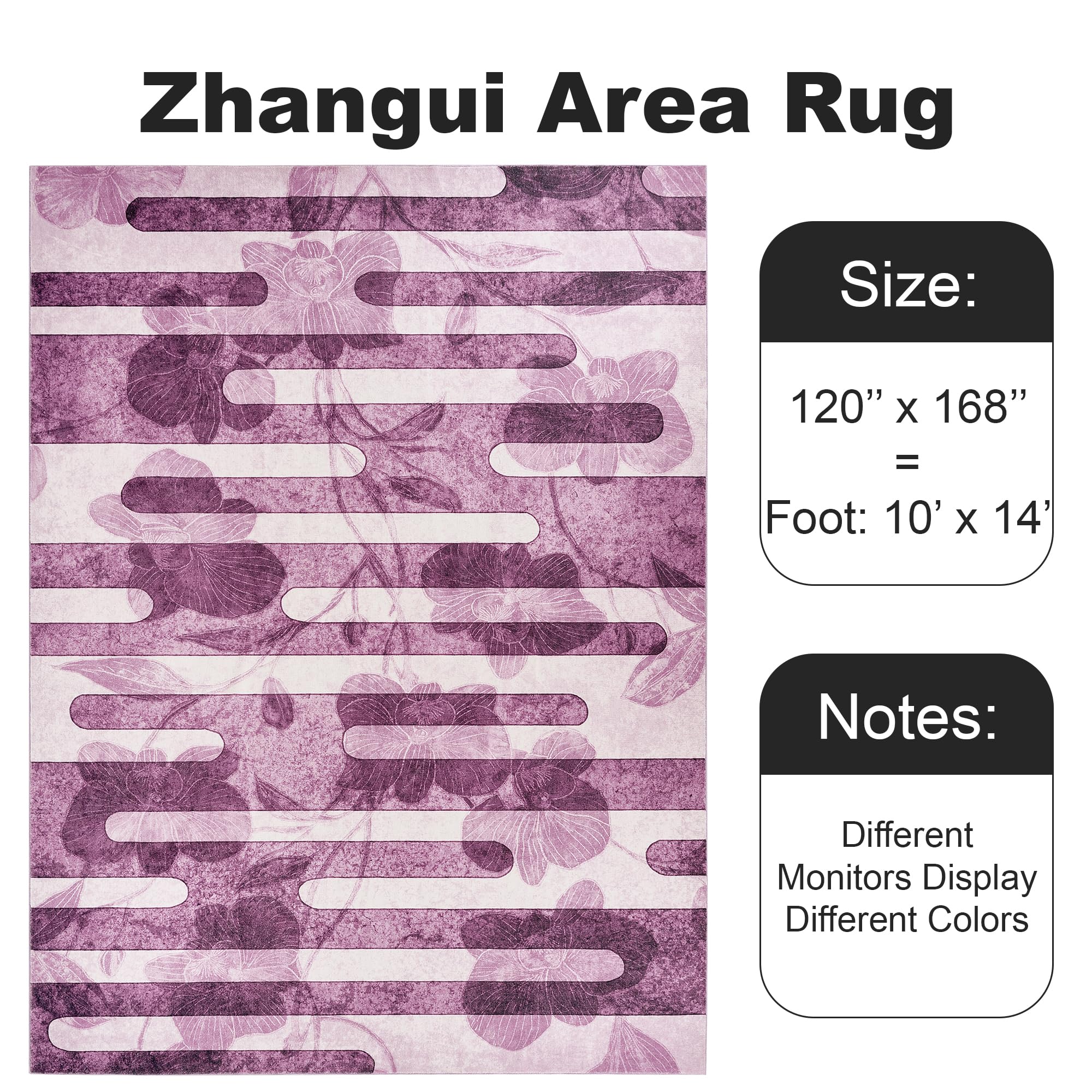Zhangui 10x14 Purple Floral Rugs for Living Room - 10x14 Area Rug with Non Slip Backing, Dining Room Rugs for Under Table, Machine Washable Striped Rug for Bedroom