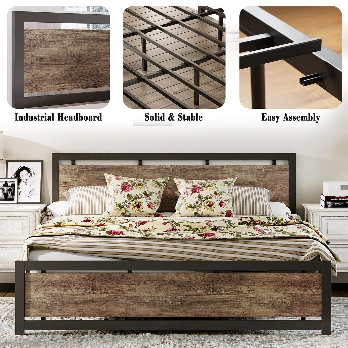 King Bed Frame with Headboard and Footboard, Metal Strong Supports, Easy Assembly,