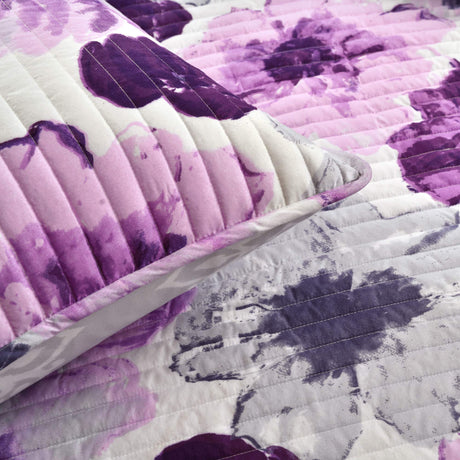 Leah Reversible Floral Quilt Set, 3 Piece Set, King, Gray & Purple - Charming