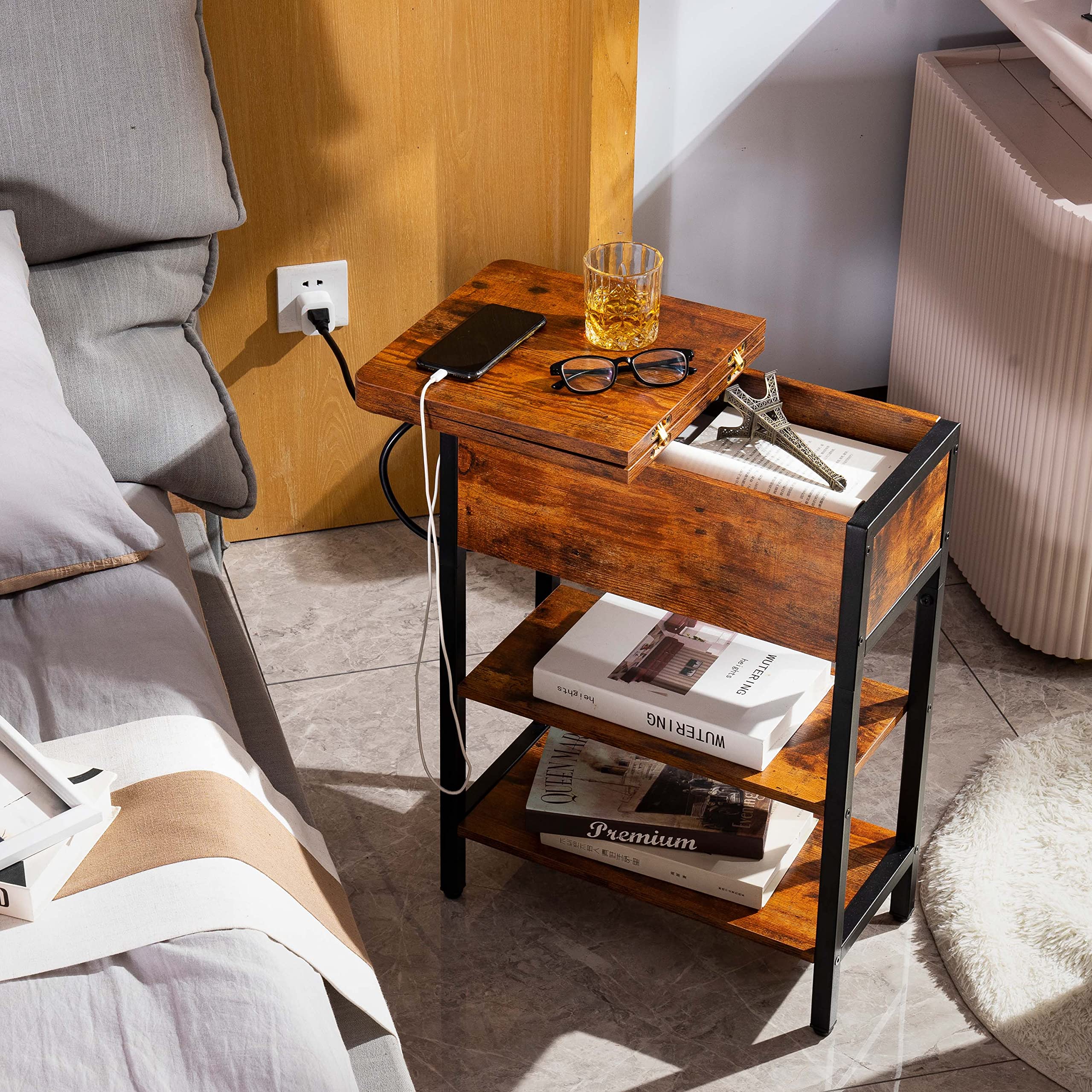 ChargeNest Flip-Top End Table with USB & AC Power Station