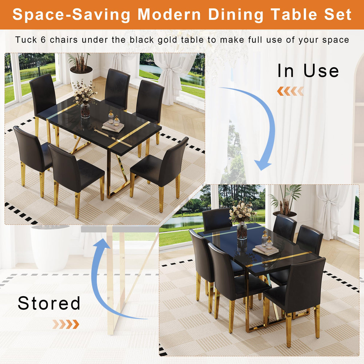 55" Black Dining Table Set for 6 with Golden Metal Legs