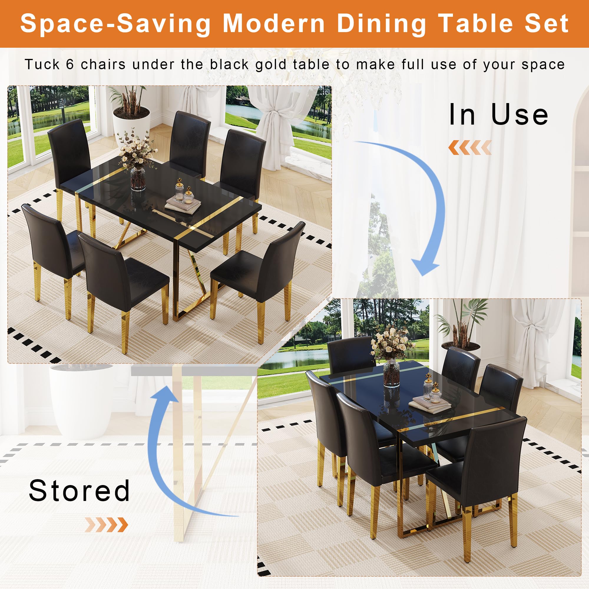 55" Black Dining Table Set for 6 with Golden Metal Legs