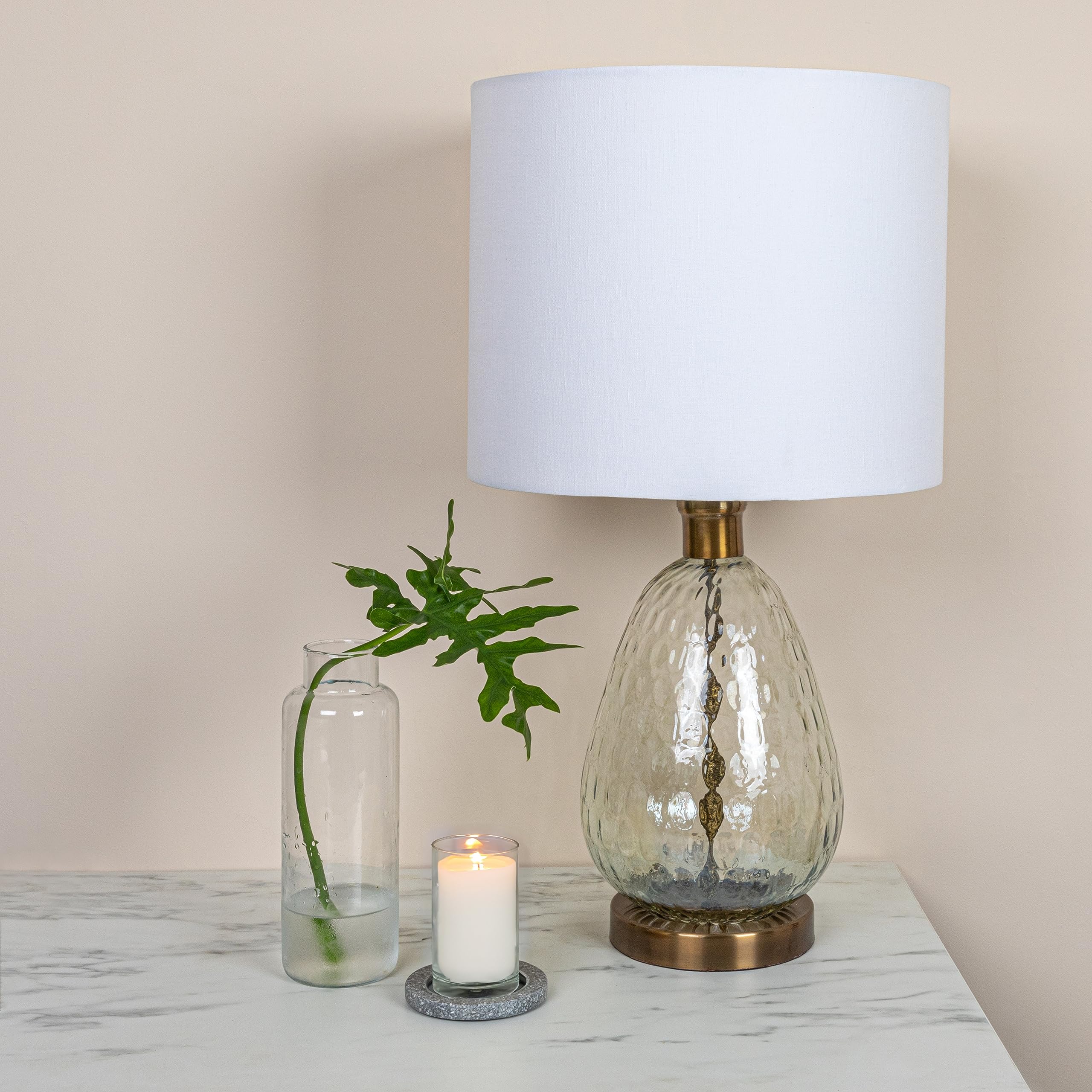 Textured Glass Base Table Lamp with Cotton Drum Shade, White
