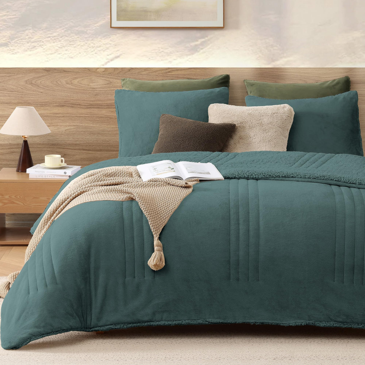 Monbix Fluffy Queen Comforter Set – 3 Piece Cozy Sherpa Comforter Queen Size Teal, Winter Warm Fleece Bedding Set, Luxury Coco Plush Winter Fuzzy Bed Set, 1 Comforter with 2 Pillowcases