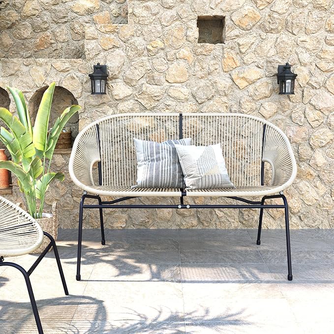 Dessa Patio Iron Frame and Wicker Loveseat, Outdoor 2-Seater Sofa