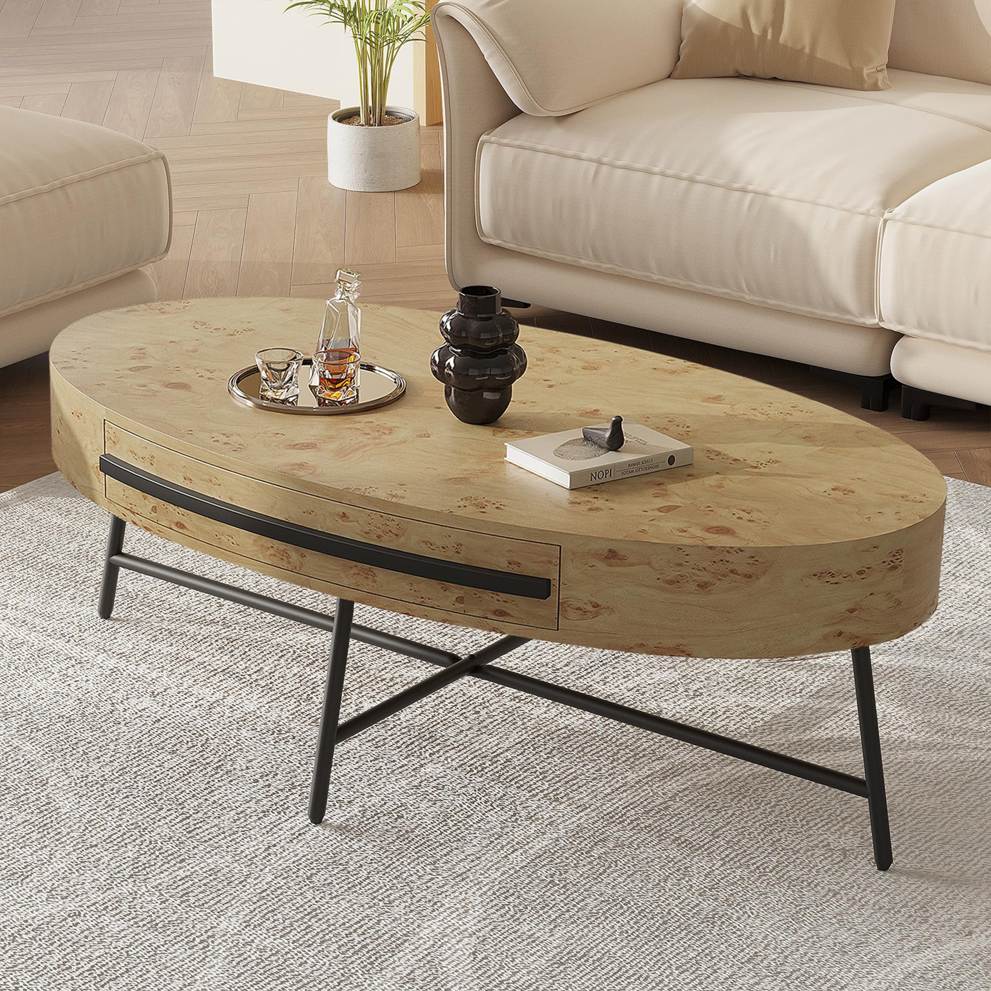 Oval Coffee Table with Drawer Mid-Century Modern Center Table 47.2“ Wooden Coffee