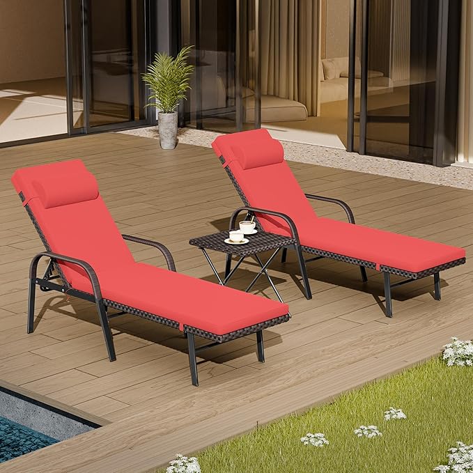 Patio Chaise Lounge Set 3 Pieces Outdoor Lounge Chair with Rattan Adjustable Backrest