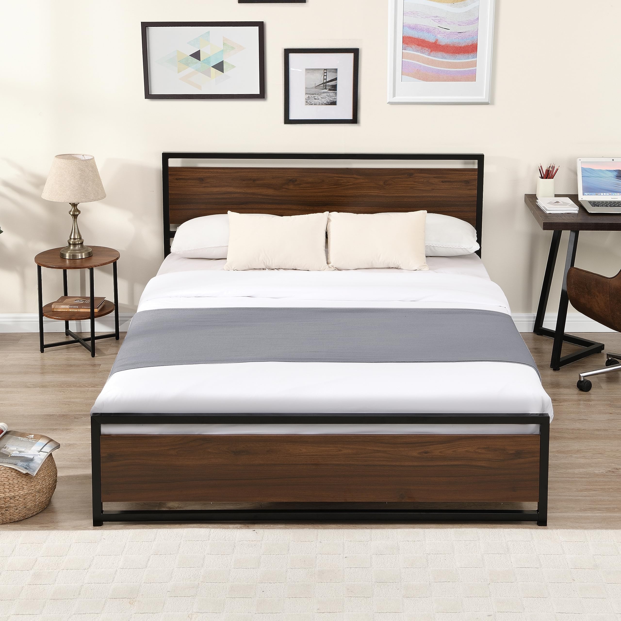 Bed Frame, Mattress Foundation Metal Platform with Wood Headboard
