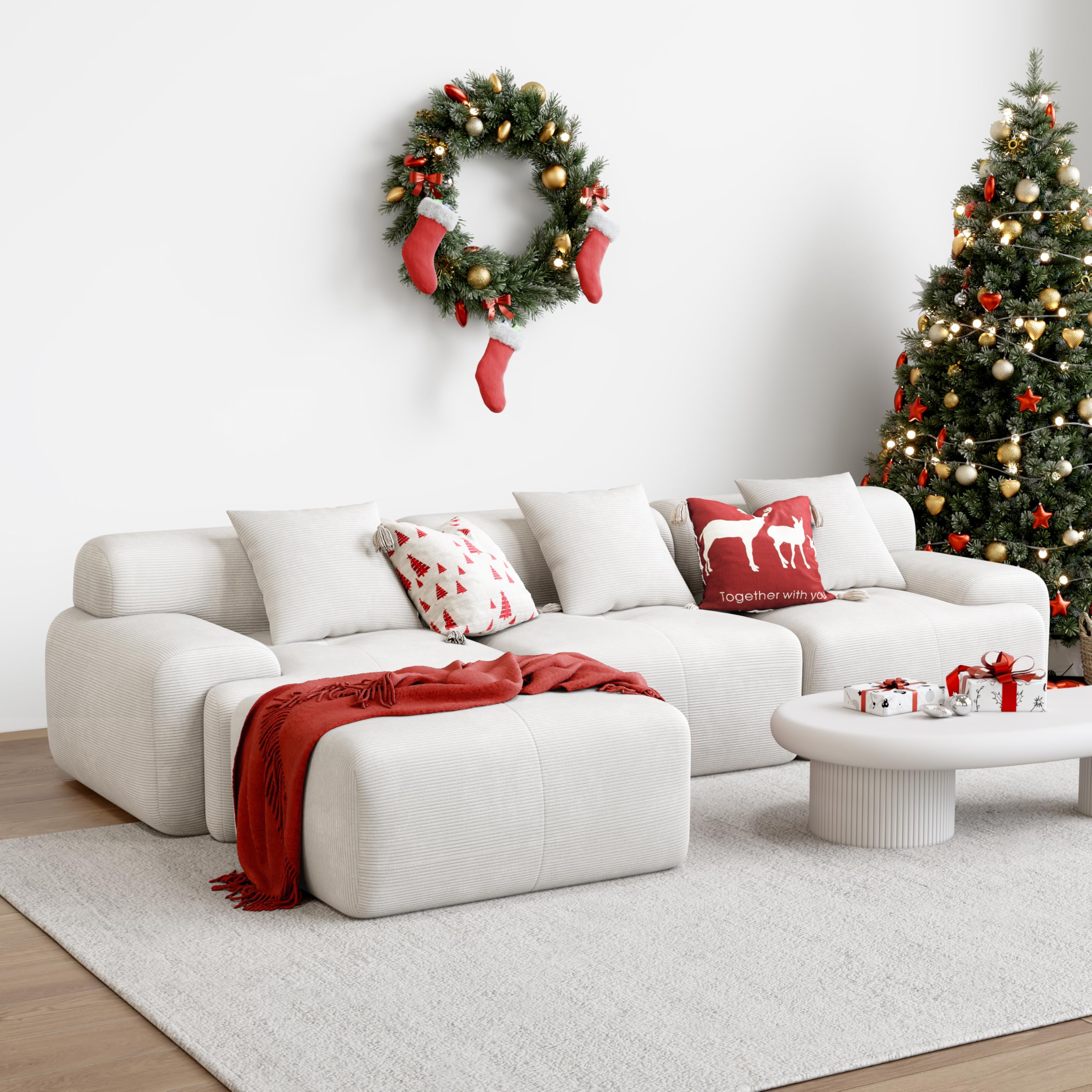 LIKIMIO 118" Corduroy Modular L-Shaped Sectional Sofa – Beige