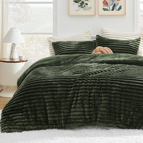 Fluffy Comforter Set Queen - Super Soft Faux Fur Comforter Queen Size Sage Green,