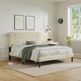 Queen Size Upholstered Bed Frame with Adjustable Headboard and Sturdy Wooden Slats,