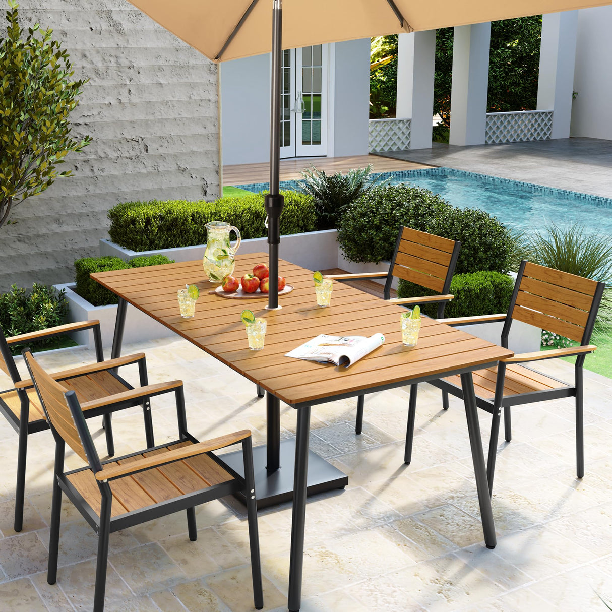 Outdoor Dining Table, 70inch Patio Dining Table with Wooden-Like Top and Aluminum Frame