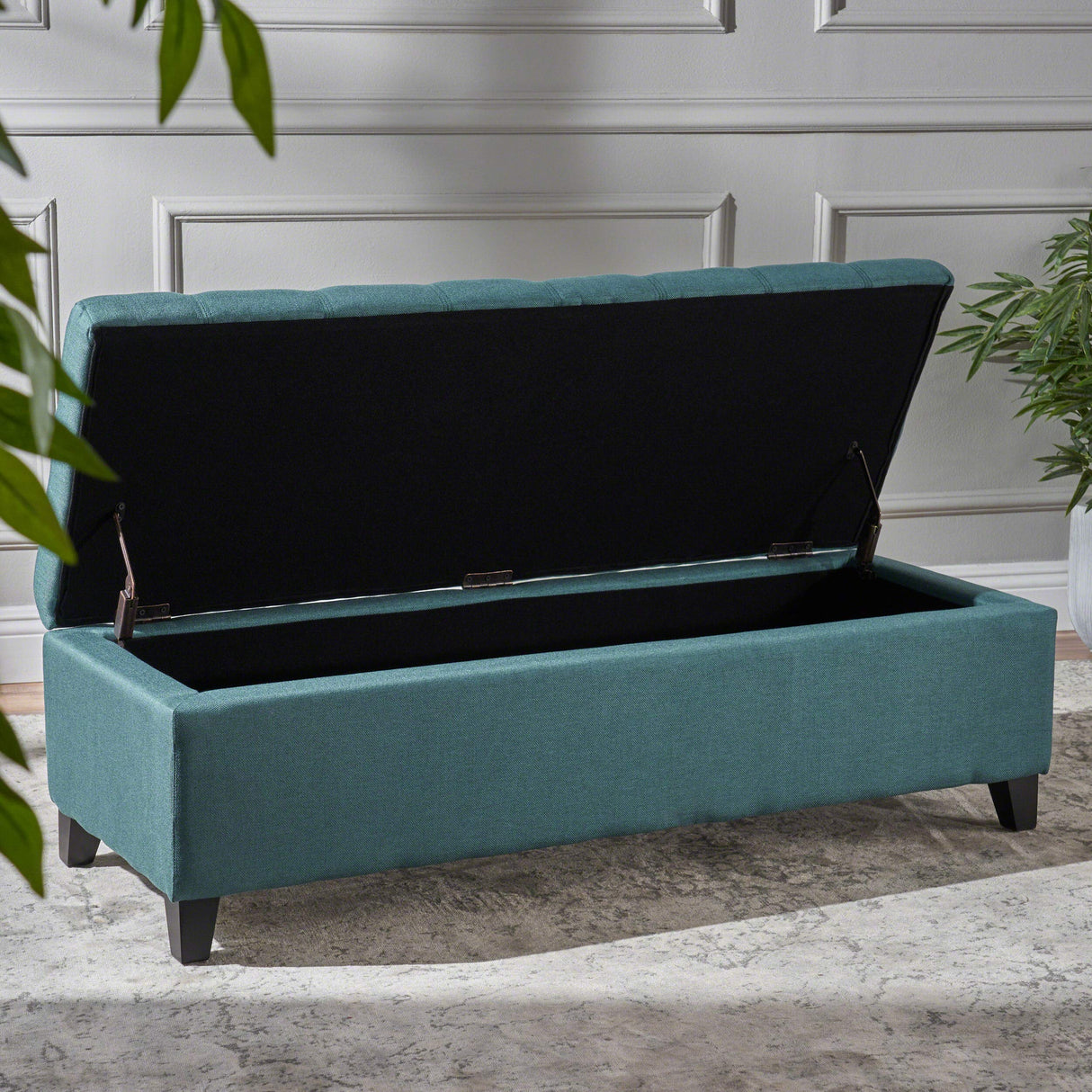 Mission Fabric Storage Ottoman, Dark Teal Dimensions: 19.25”D x 50.75”W x 16.25”H