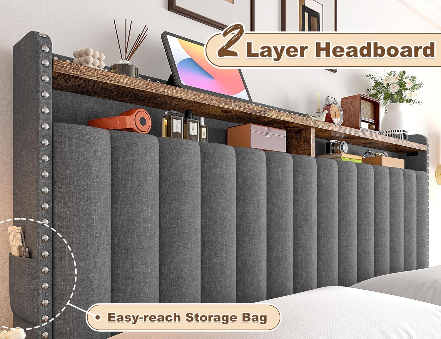 King Size Upholstered Bed Frame with 4 Storage Drawers and Headboard Shelves