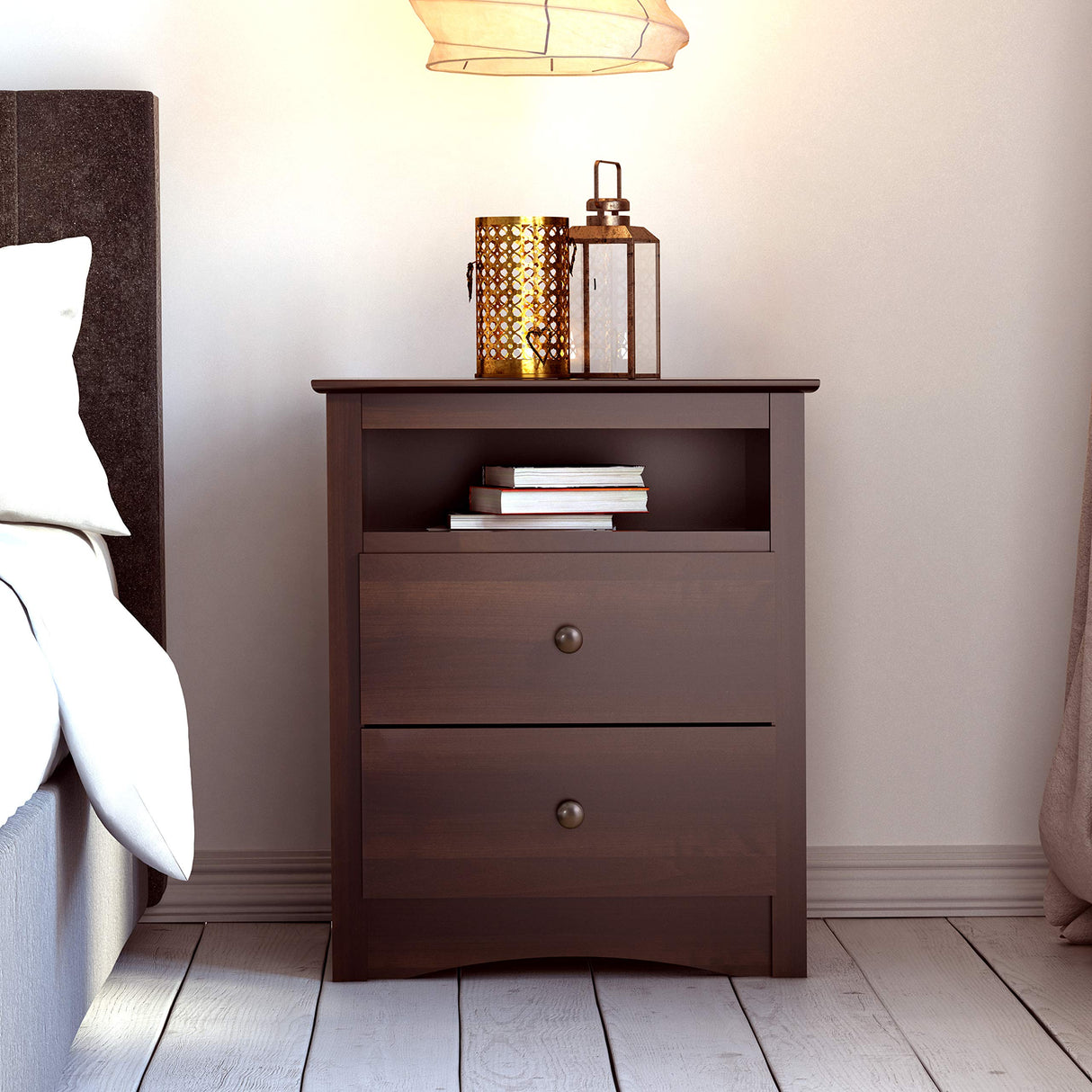 Fremont 2 Drawer Nightstand: Elegant Bedroom Furniture, Bedside Table with Open Shelf