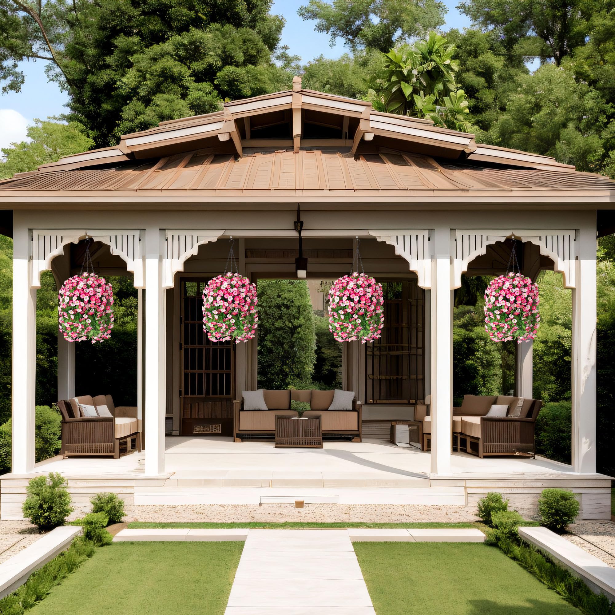 INXUGAO Artificial Fake Hanging Flowers Plants for Outdoor Spring Summer Decoration, 2PCS Faux Silk Morning Glory Long Vines Stems UV Resistant Look Real for Outside Home Porch Patio(Pink)