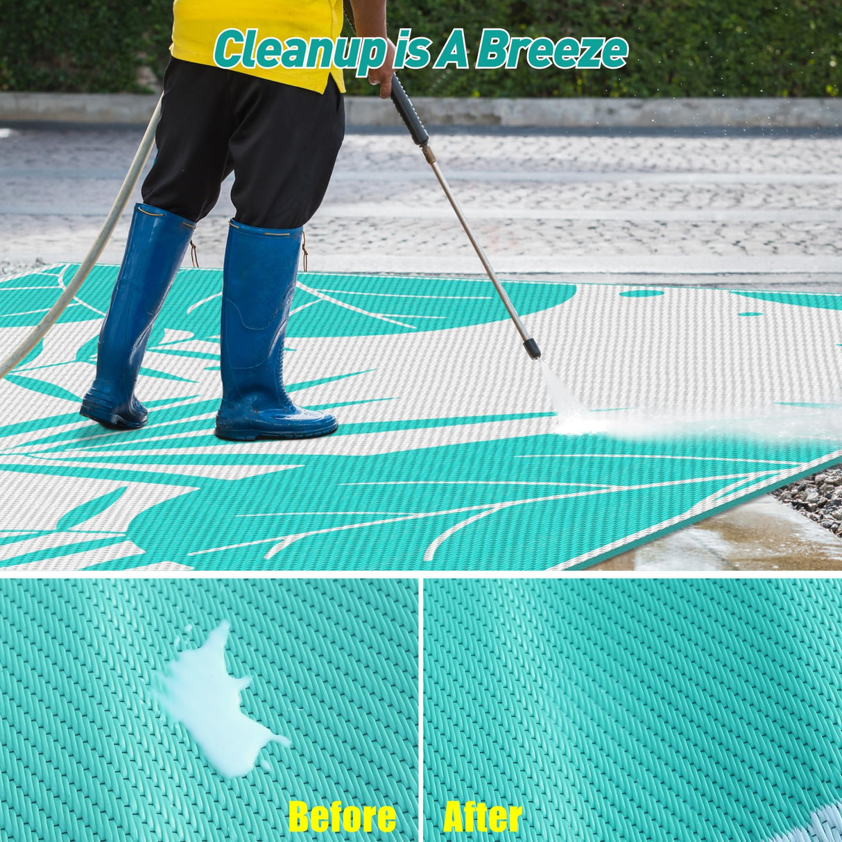 Outdoor Rug with Green Palm Leaf 8x10ft, Outdoor Plastic Straw Rug, Waterproof, Easy