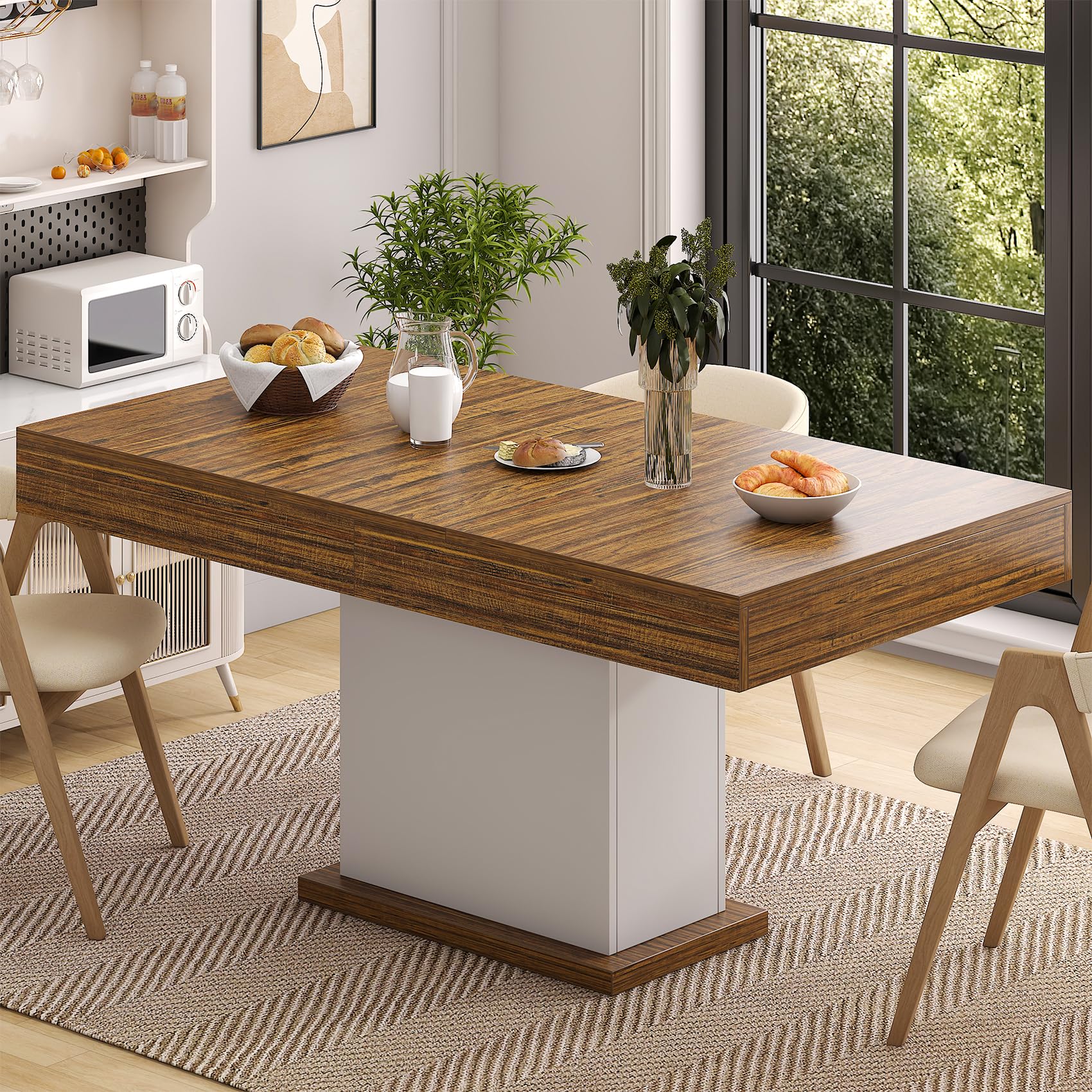 55-Inch Dining Table with Drawers & LED Lights - White & Rustic Brown