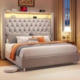 Bed Frame with LED Lights and Charging Station, Velvet Tall Upholstered Platform Bed