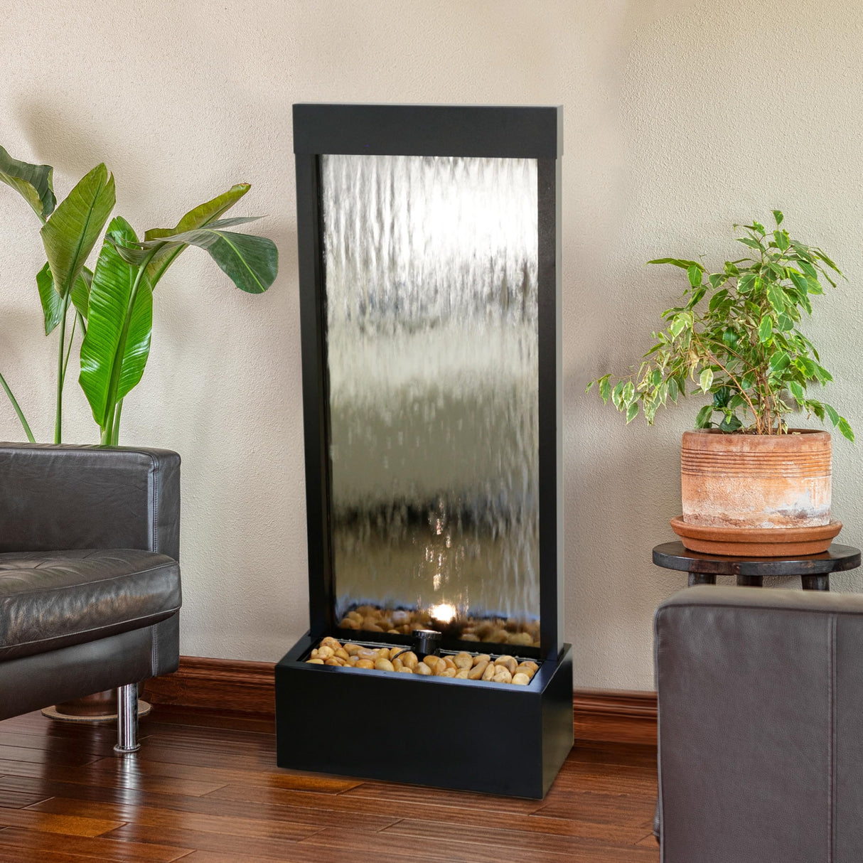 Mirror Waterfall Fountain with Stones & Lights - Zen Indoor/Outdoor Decor for Office
