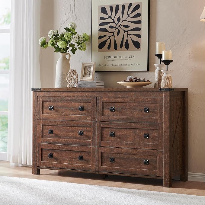 6 Drawer Dresser for Bedroom, 54 Inch Wide Rustic Wood Dresser TV Stand, Dresser Chest of Drawers for Closet, Living Room, Hallway, Dark Rustic Oak