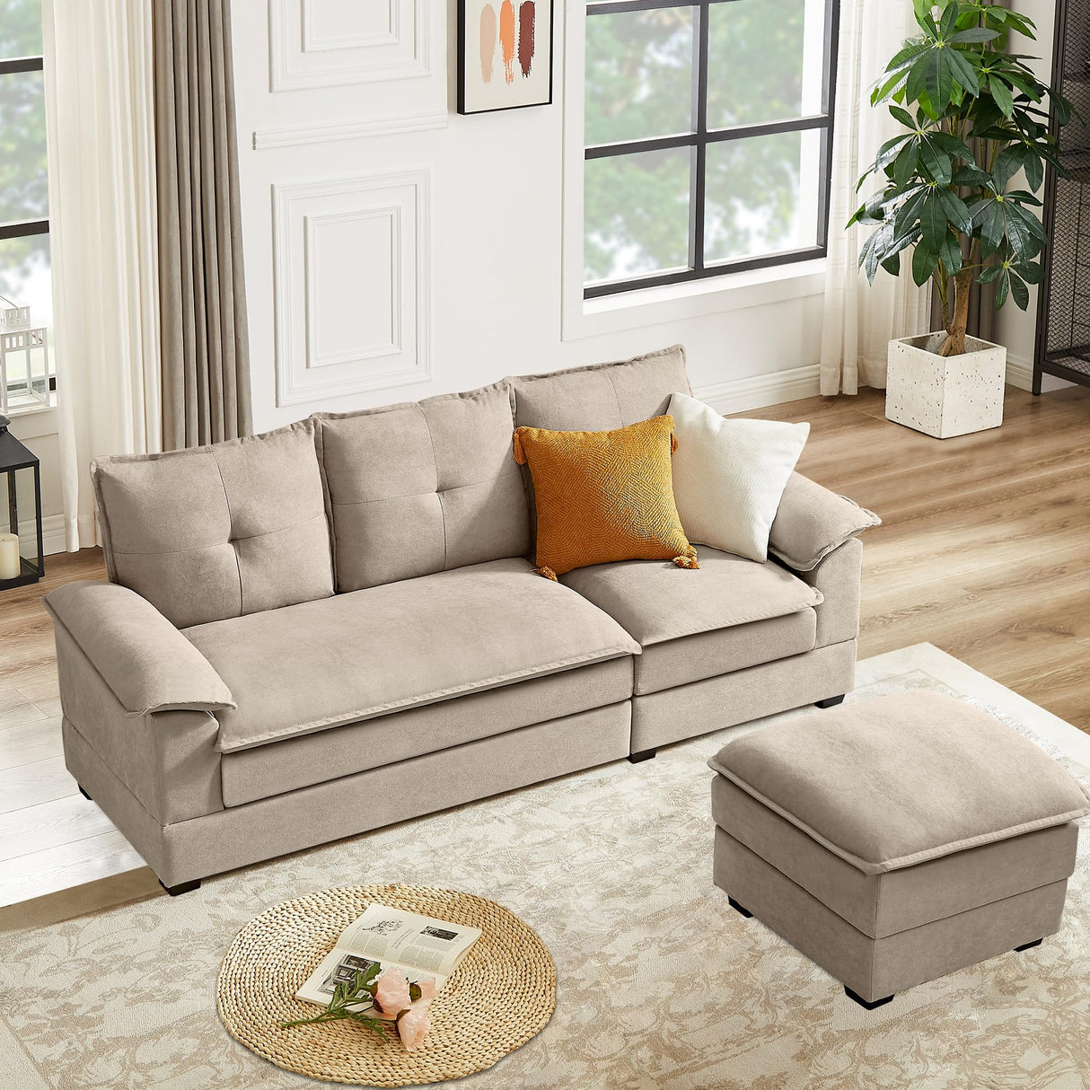 Upholstered Cloud Couch Sectional, 82" Modern Sofa with Ottoman Convertible, 3 Seater