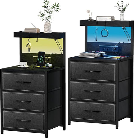 Nightstands Set of 2, LED End Table with 3 Drawers and Type C Charging Station